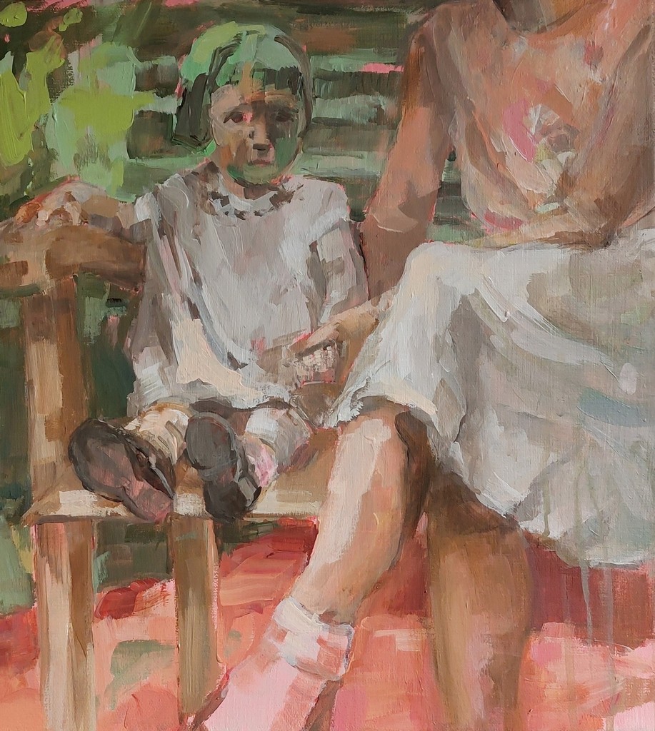 Auf der Bank mit Friedel - 2021 - Acryl auf Leinwand - 40 x 40 cm